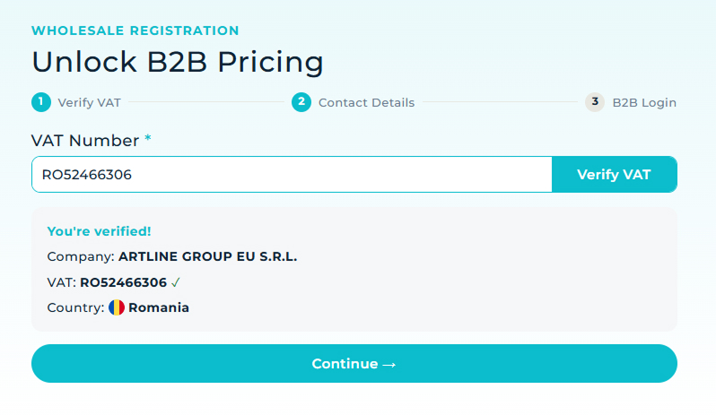 VAT verified with company name, VAT number, and country confirmed