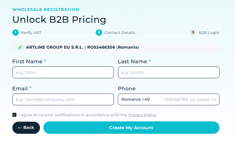 Contact details step with pre-filled verified company