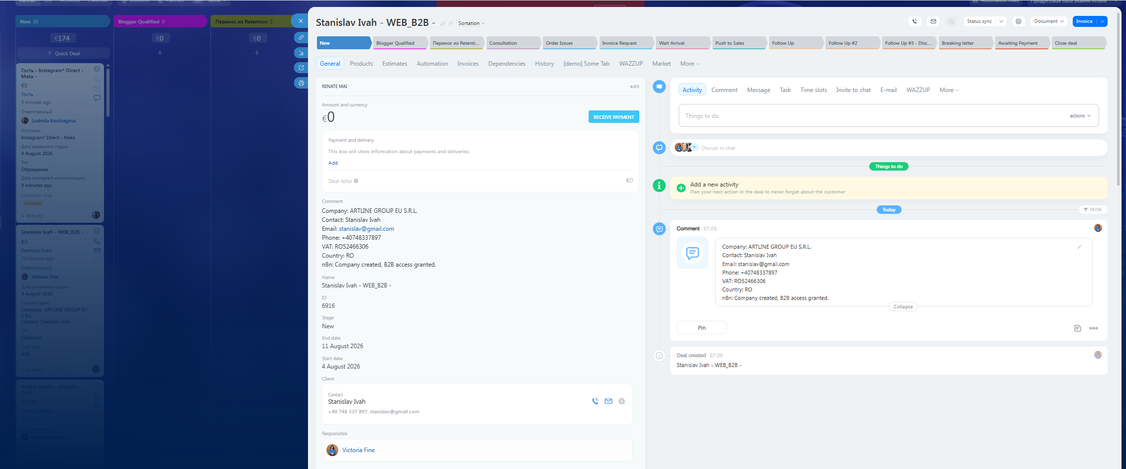 Bitrix24 CRM deal auto-created with company, contact, and VAT details from registration
