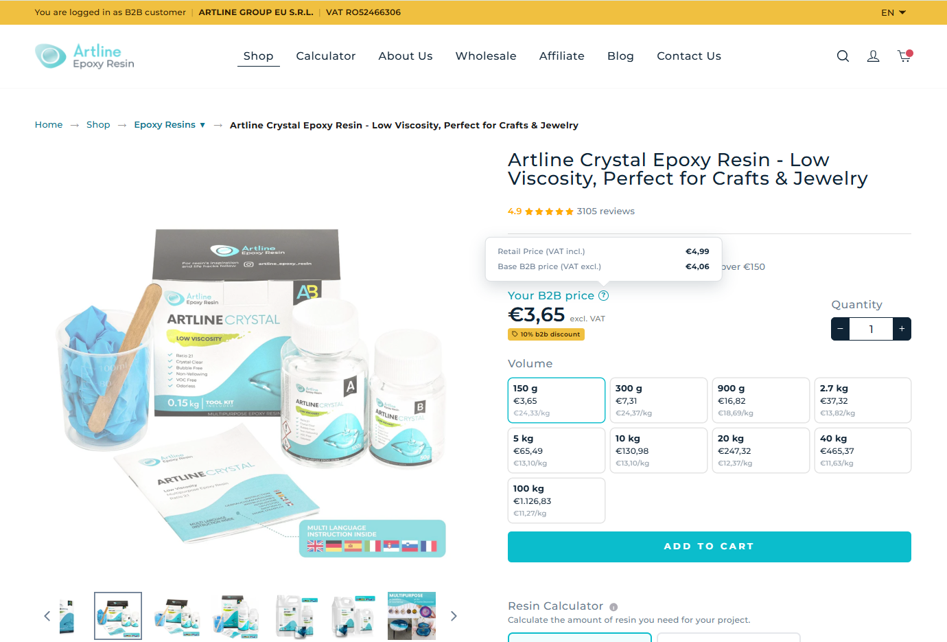 B2B product page with VAT-exclusive tiered pricing and per-kg breakdown