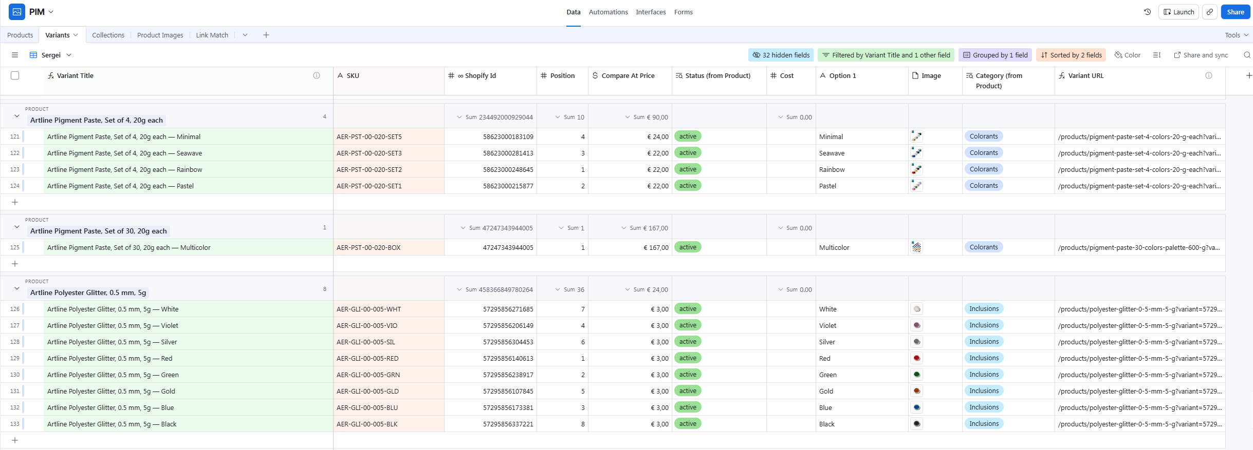 Airtable PIM with restructured products and variants