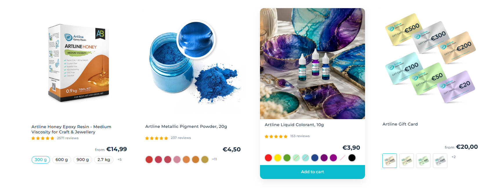 Product card templates: pill selectors, color swatches, and image variants with add-to-cart from catalog