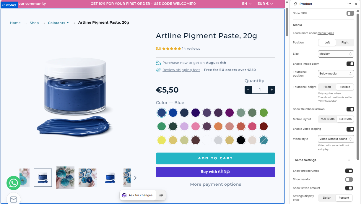 Theme editor settings for the product media section