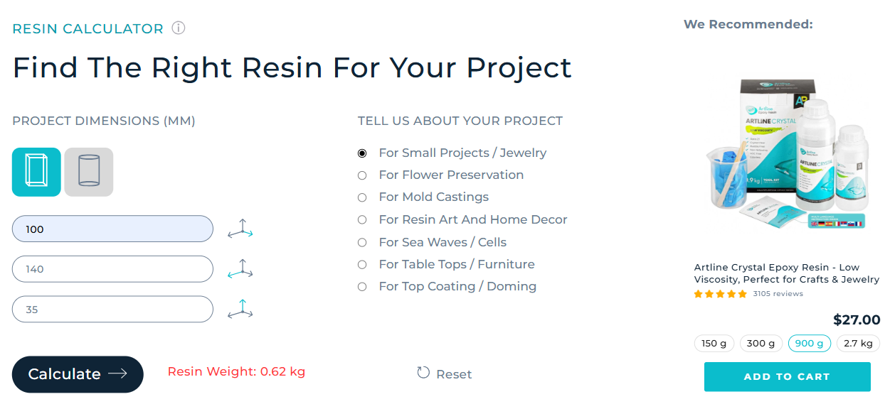 Resin volume calculator with shape, dimensions, project type, and recommended product