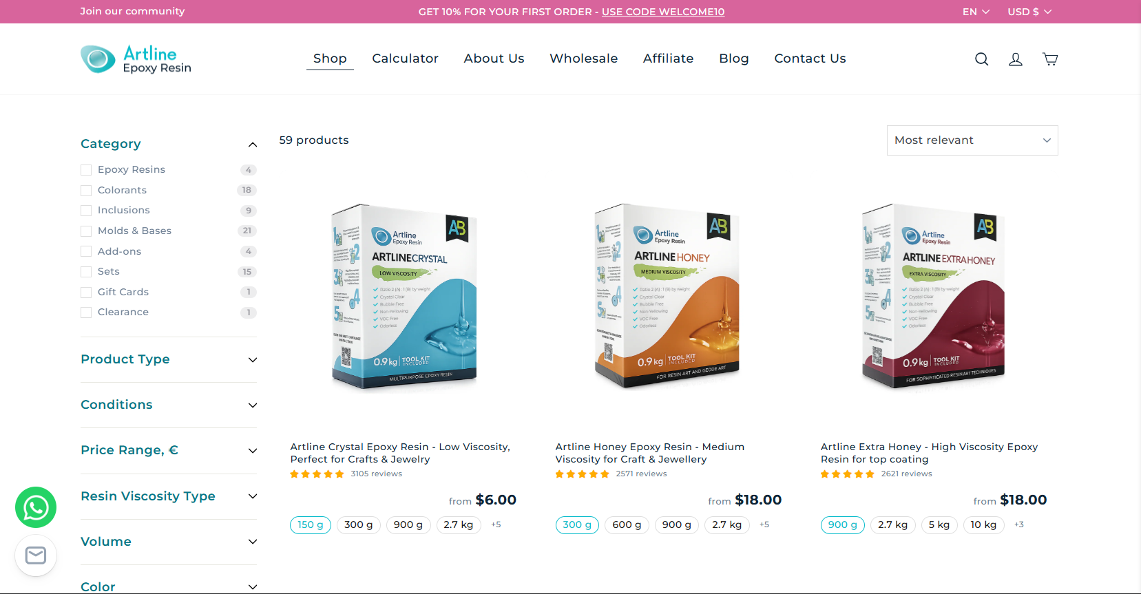 Filterable product catalog by category, type, price, viscosity, volume, and color