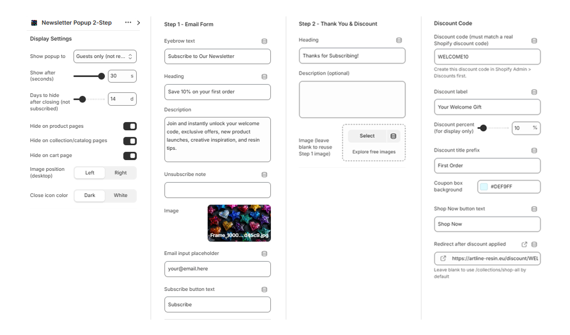 Theme editor settings for the newsletter popup and discount code