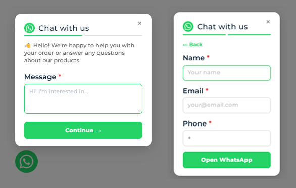 Custom two-step WhatsApp chat widget