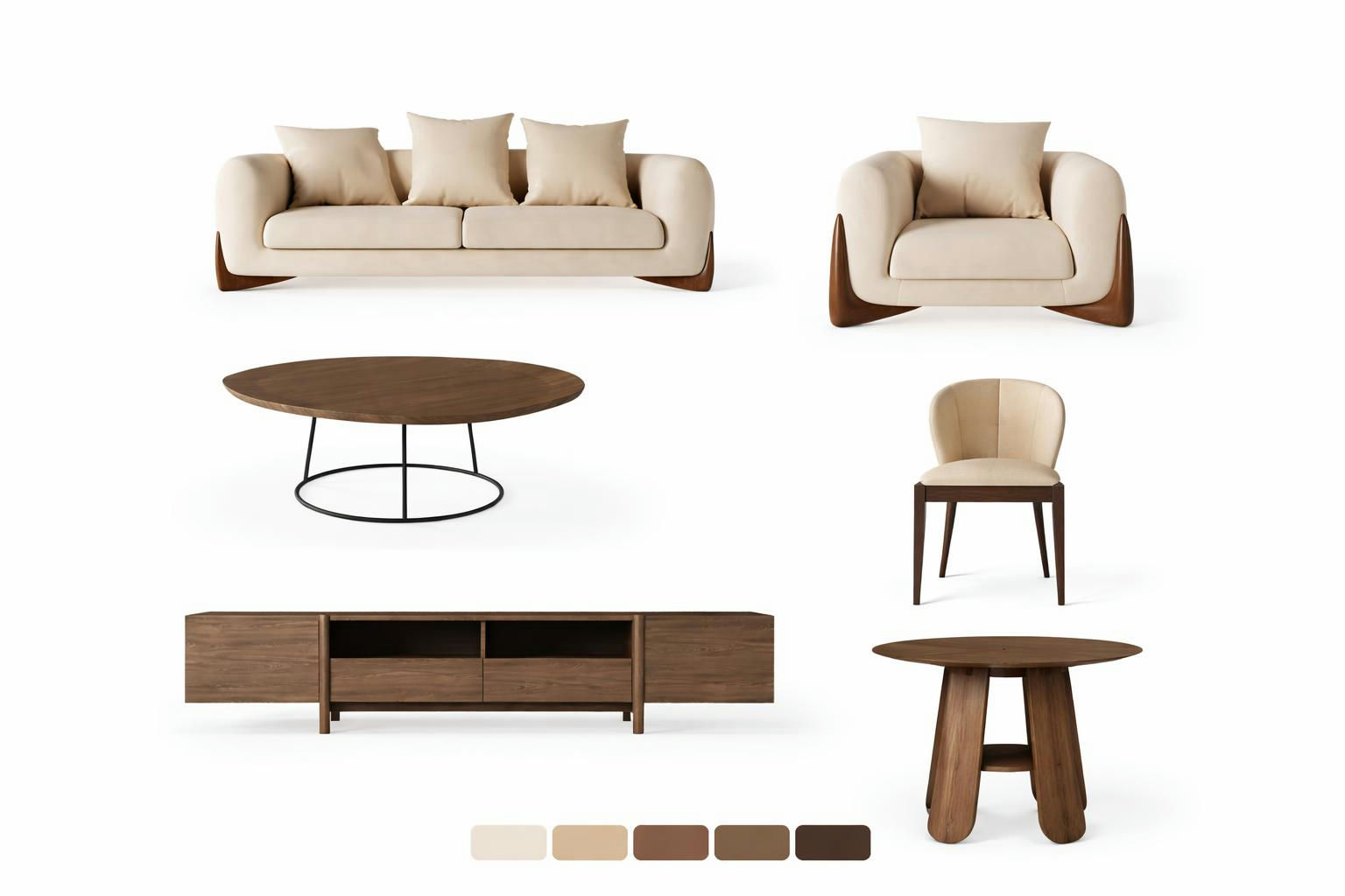 Order visualization: sofa, armchair, coffee table, dining chair, dining table, and TV console with linked material swatches