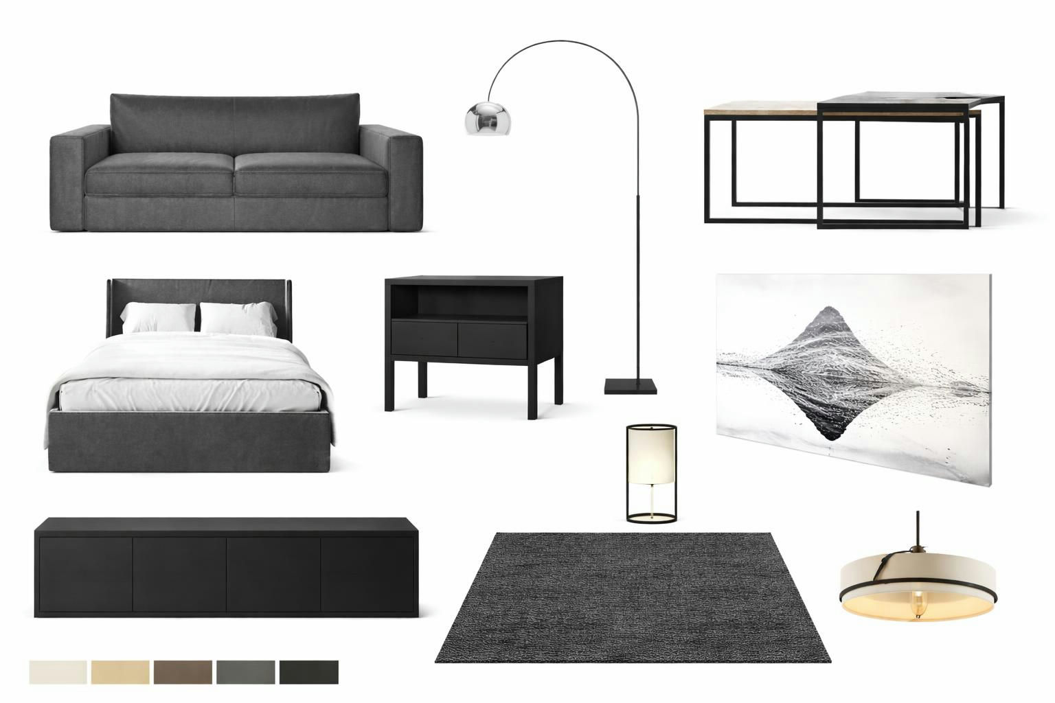 Order visualization: sofa, bed, nightstand, rug, lighting, wall art, and console with material swatches
