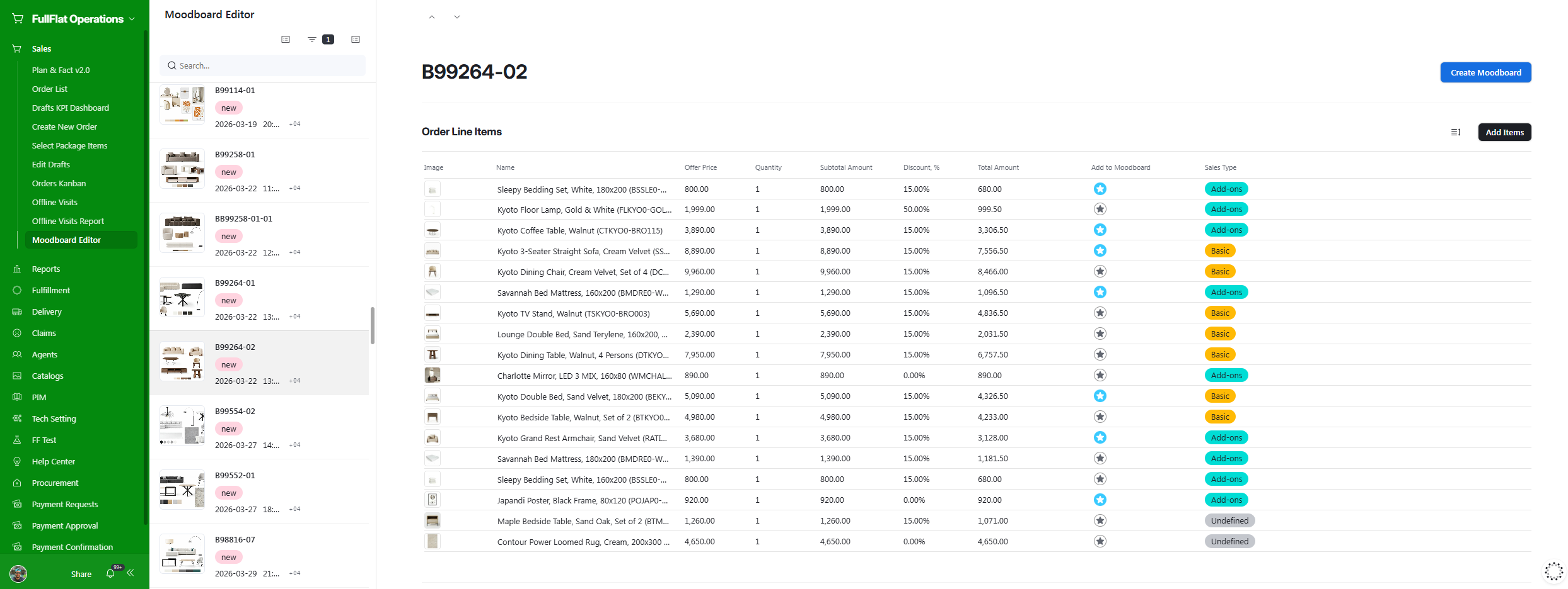 Order Line Items table with star toggles marking which products to include in the moodboard