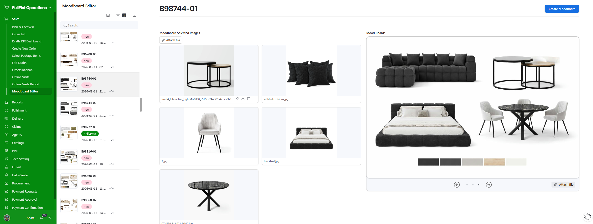 Moodboard Editor showing selected product images and the generated mood board with material swatches