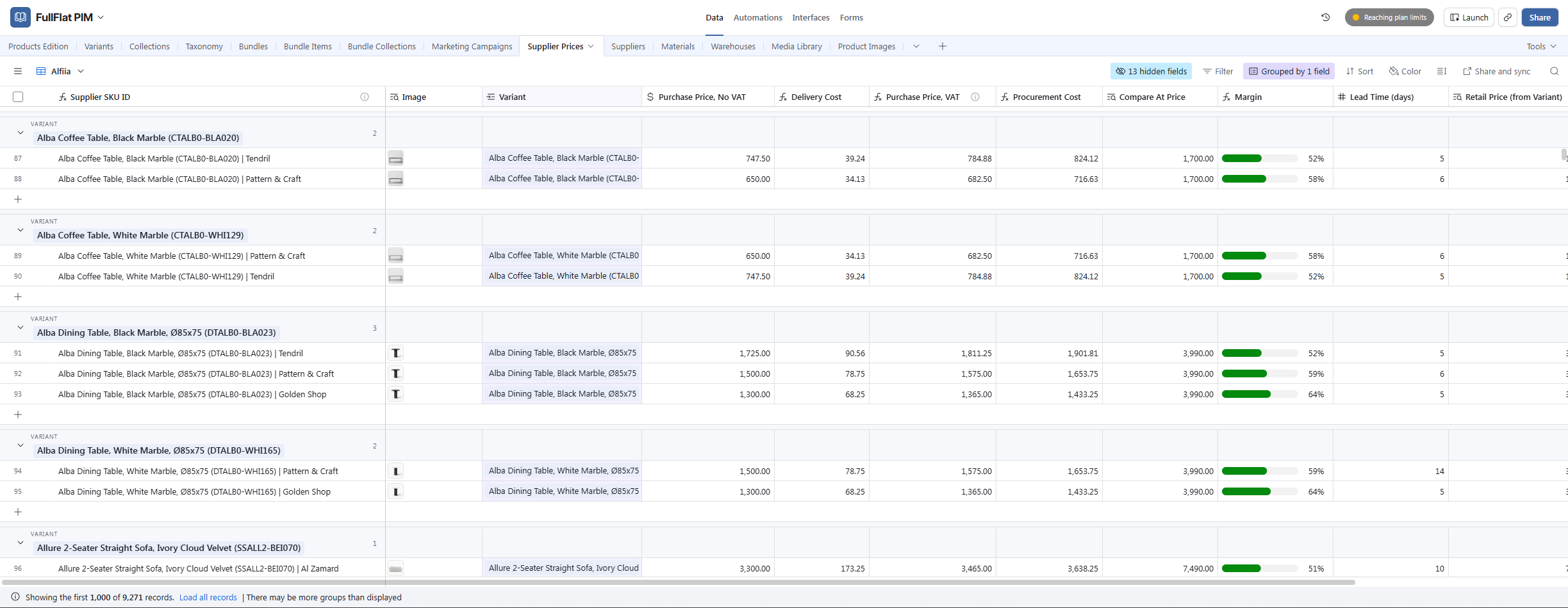 Multi-supplier pricing table per variant with procurement cost and margin