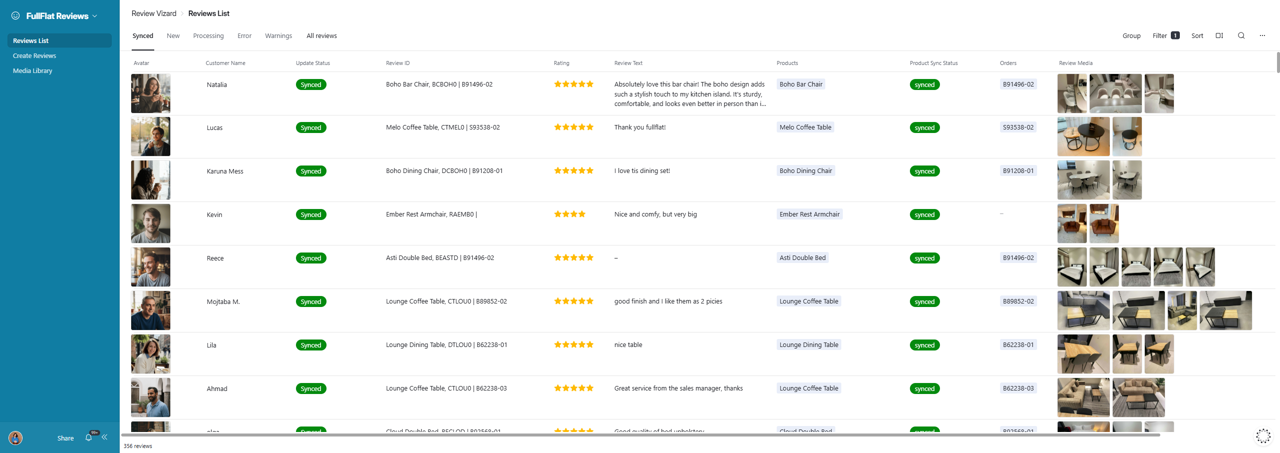 Review Vizard admin interface showing synced reviews with avatars, ratings, review text, matched products, and delivery photos