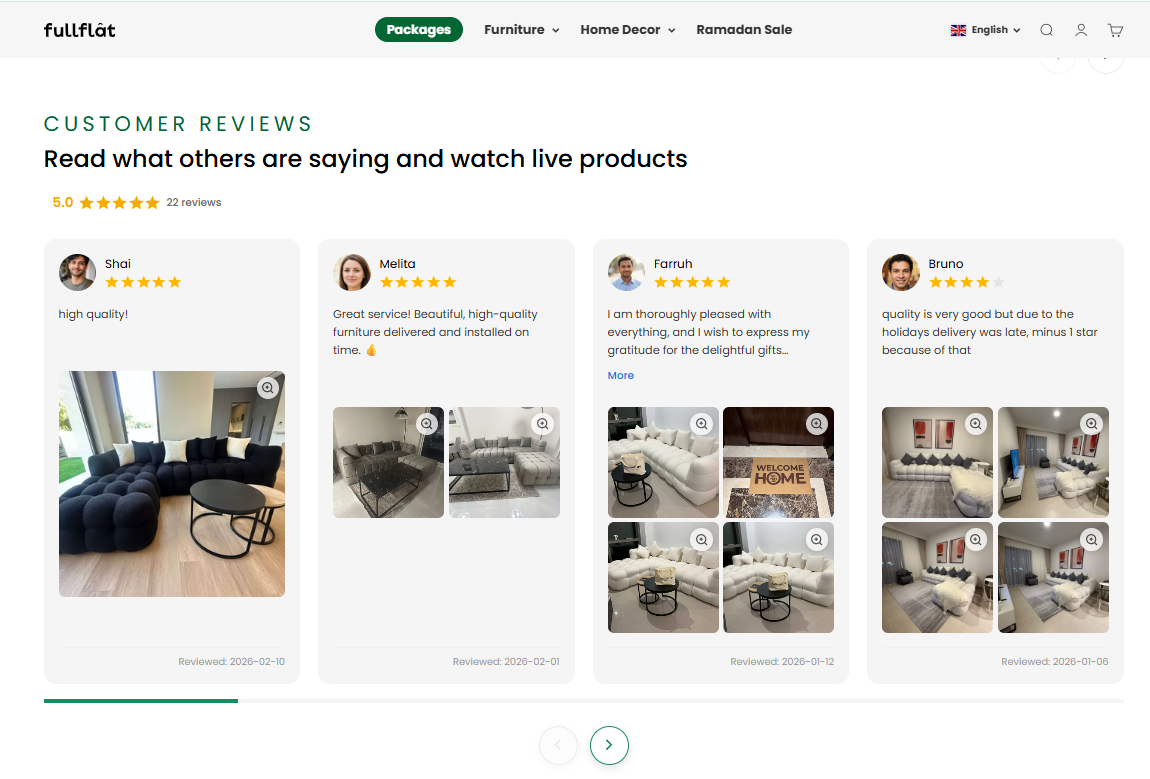 Storefront customer reviews carousel showing synced reviews with avatars, star ratings, and delivery photos
