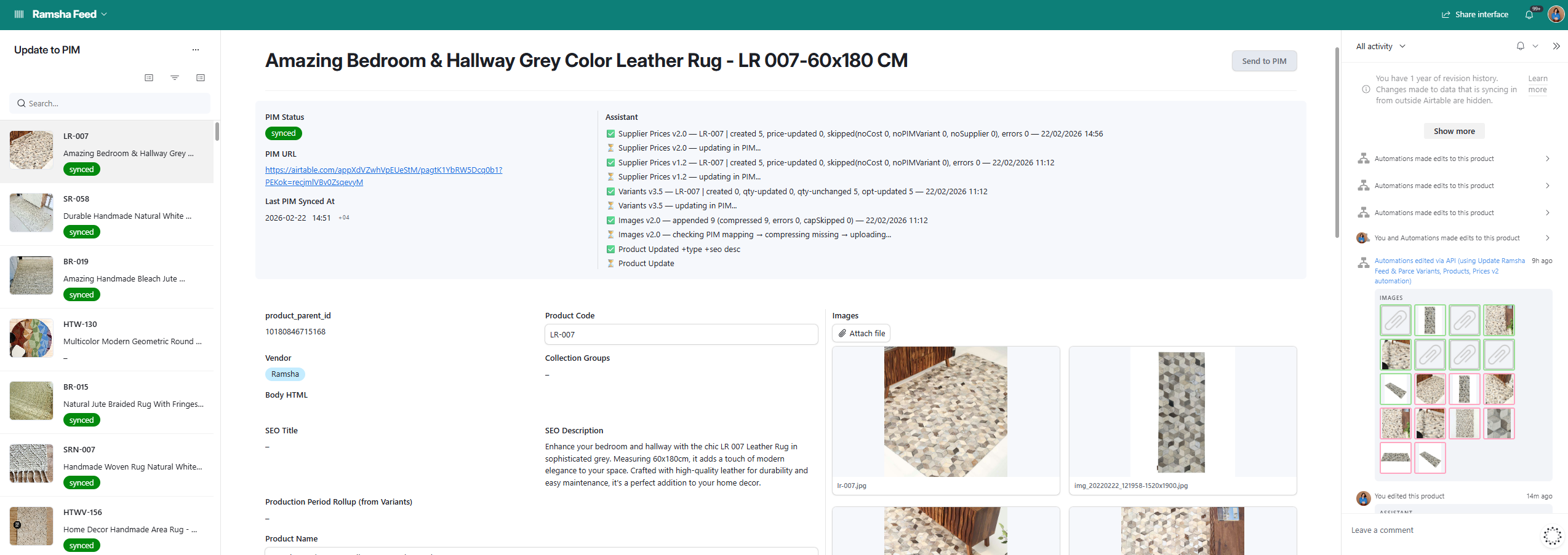 PIM product record showing synced status, Claude-generated SEO description, and the automation log tracking each sync step (supplier prices, variants, images, product update)